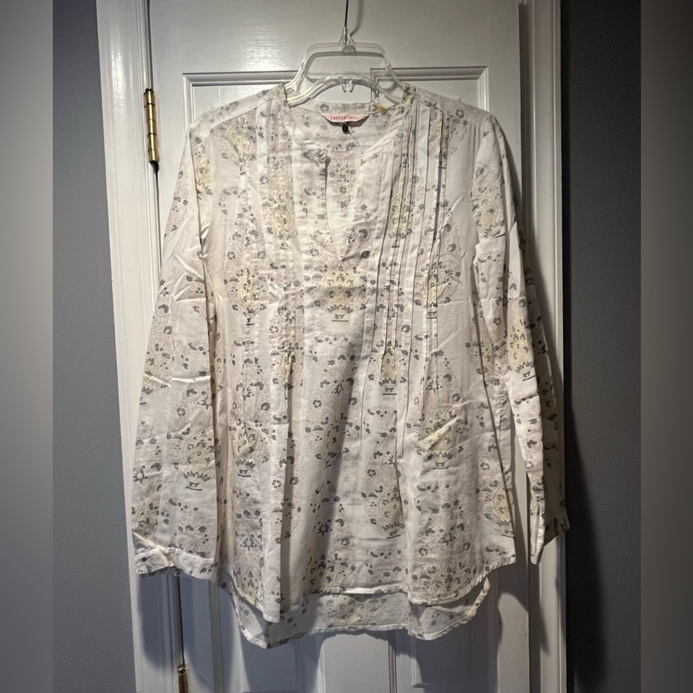 Women’s REBECCA TAYLOR White Top w/ Yellow & Grey Floral/Paisley sz 4